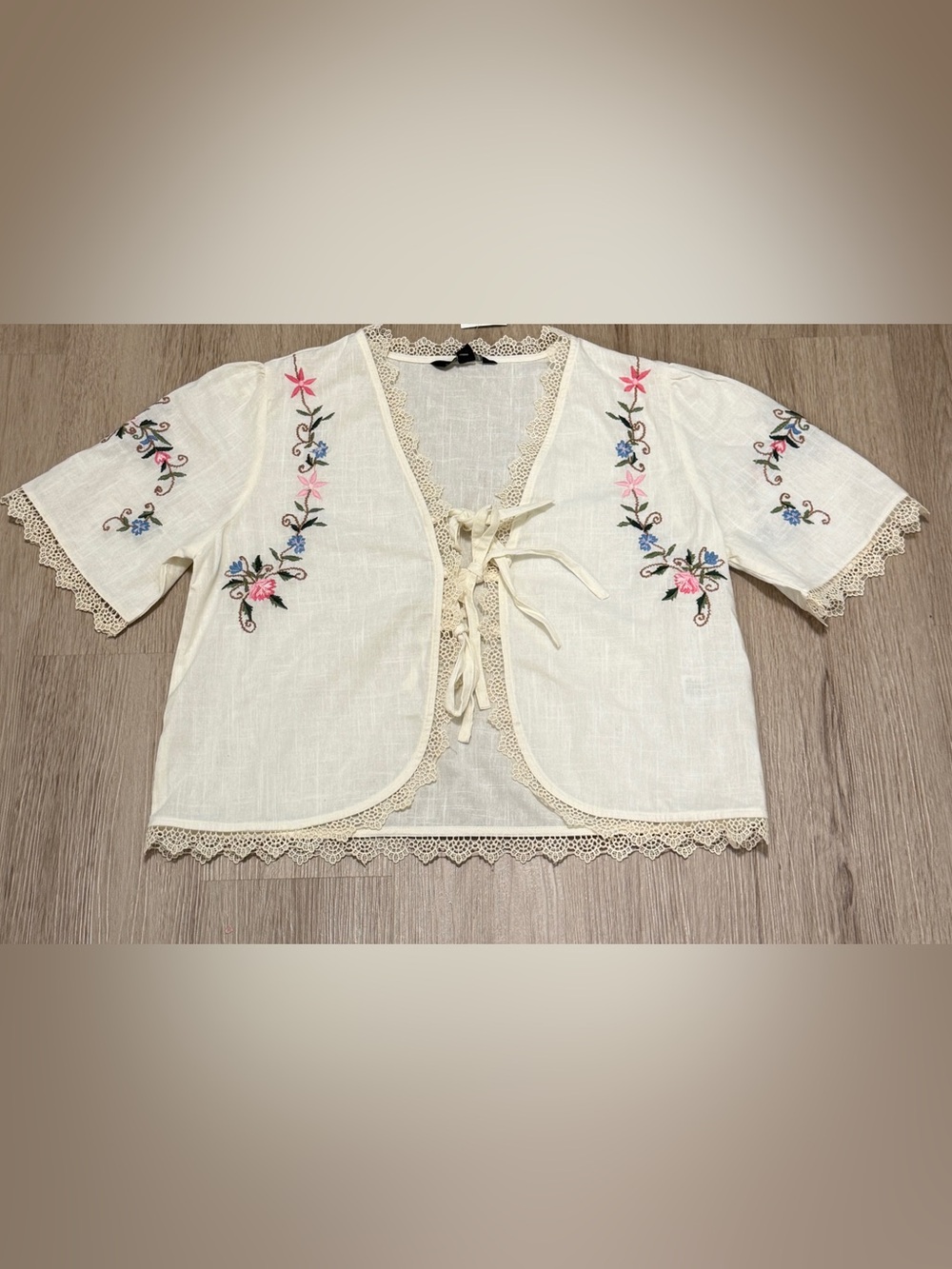Embroidered Cream Floral Tie-Front Top